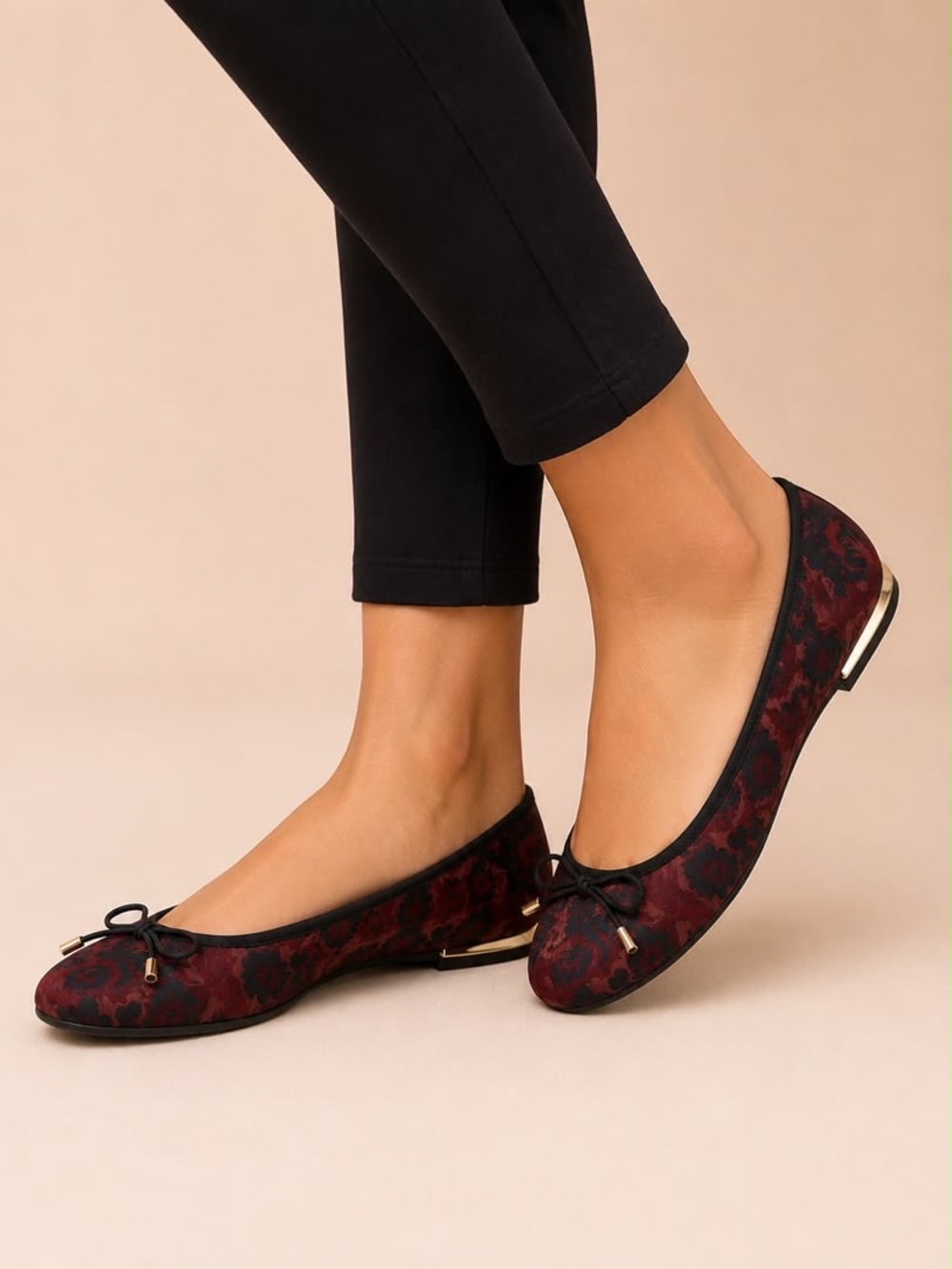 Size 10- Apt 9 Burgundy Floral Ballet Flats with Bow Accent